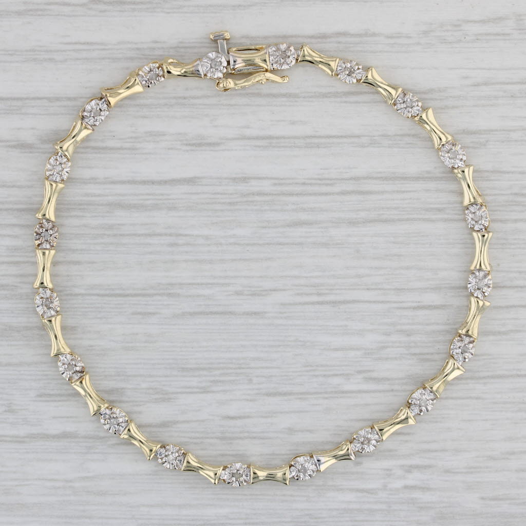 Gray 0.12ctw Diamond Bamboo Link Bracelet 10k Yellow Gold 7" 3.4mm