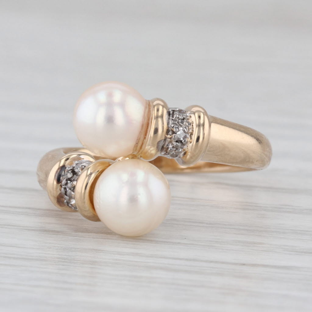 Cultured Pearl Bypass Ring 14k Yellow Gold Size 6.75 Diamond Accents