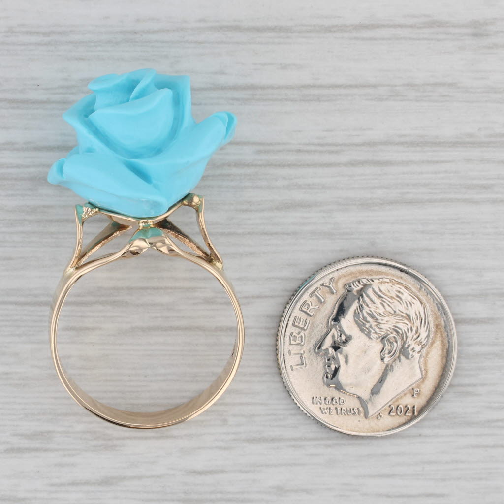 Gray Imitation Carved Turquoise Flower Ring 14k Yellow Gold Size 7.5 Statement