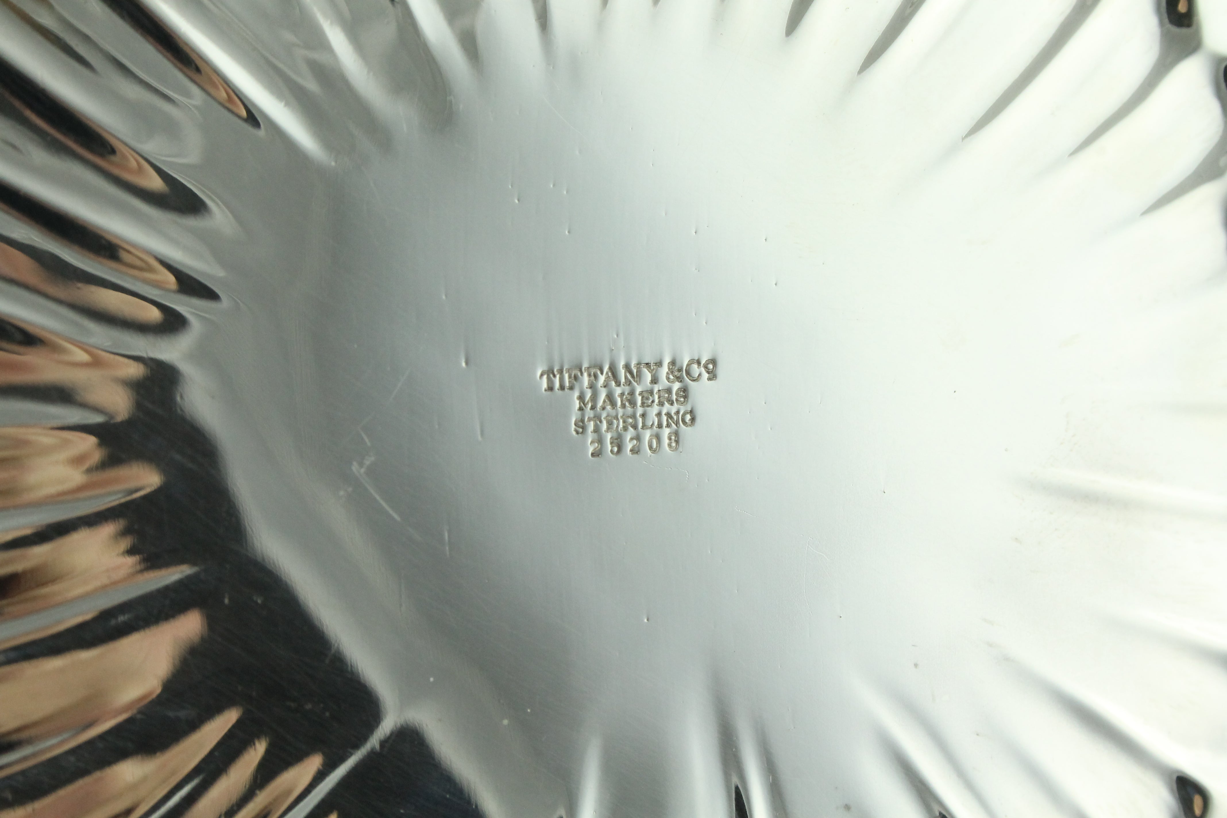 Light Gray Vintage Tiffany & Co Sterling Silver Round 7" Tray Floral Feather Motif #25208