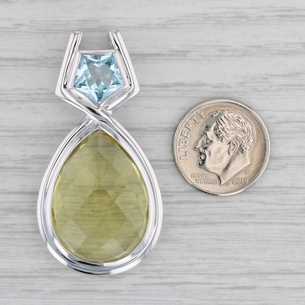 Gray 24ctw Lemon Quartz Blue Topaz Pendant 14k White Gold Teardrop Statement
