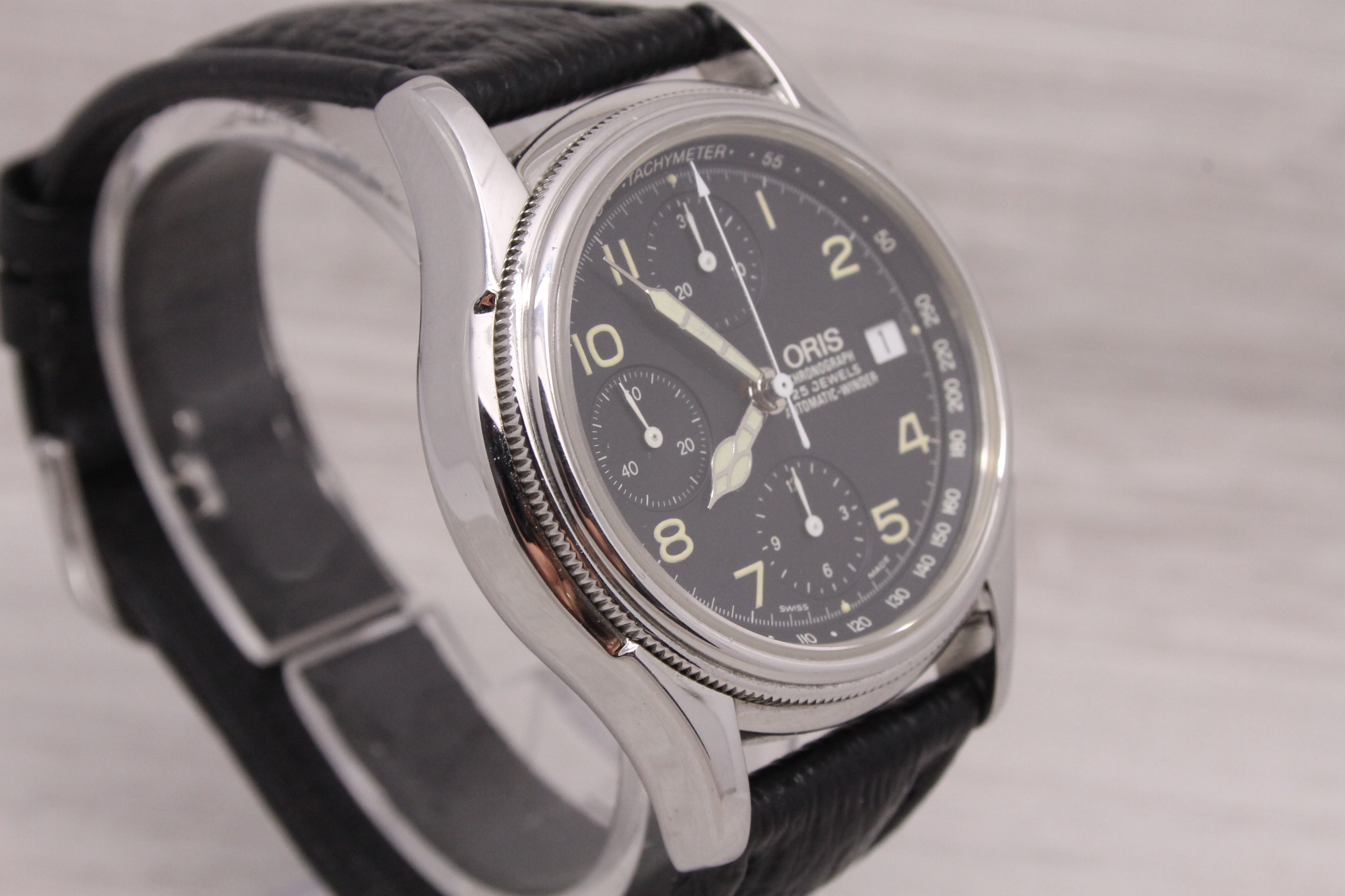 Dark Gray Oris 7415B Pilot 38mm Steel Automatic Chronograph Watch w Original Band & Box