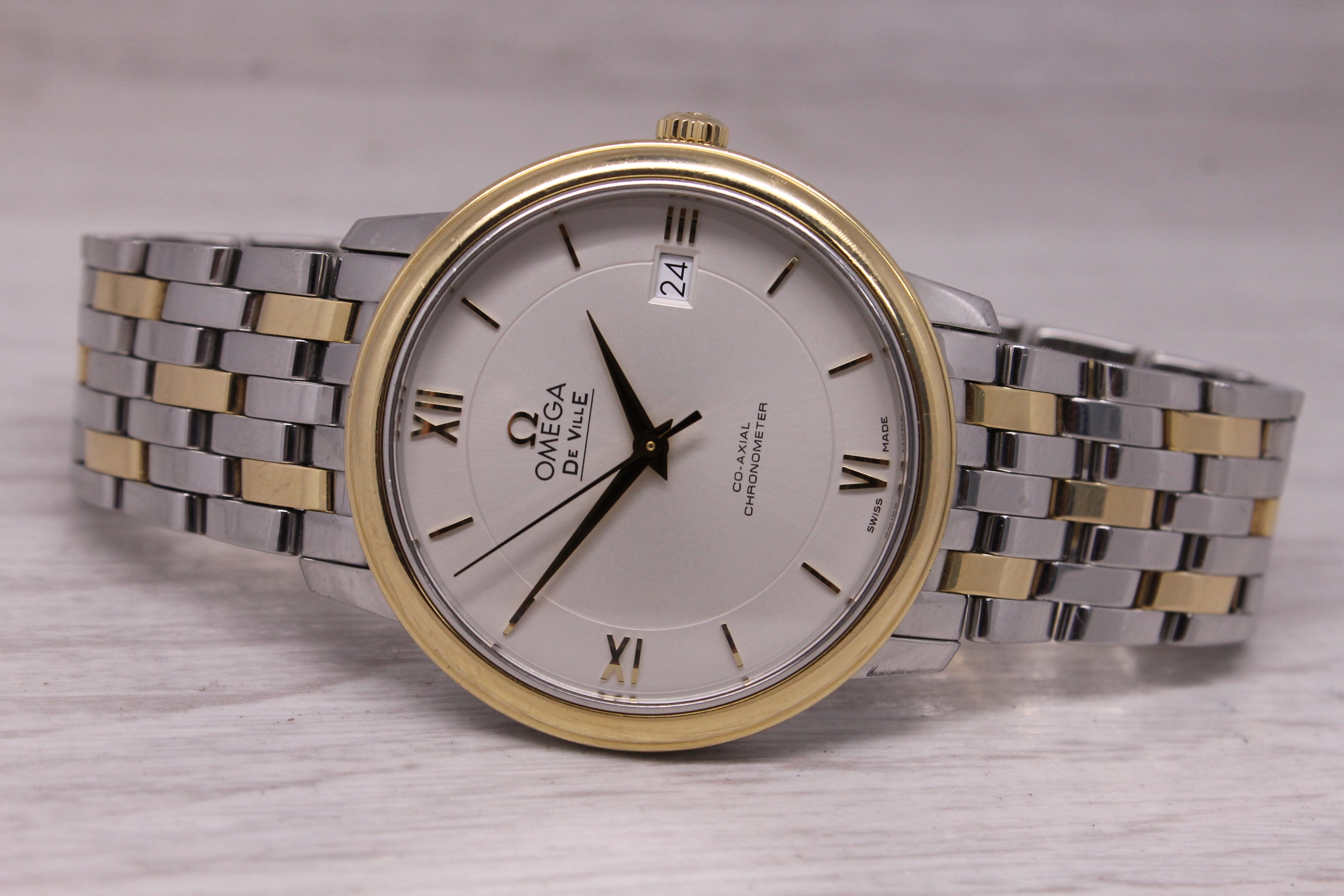 Omega DeVille Co-Axial 37mm Mens Steel 18k Gold Automatic Watch Bracelet Box Set
