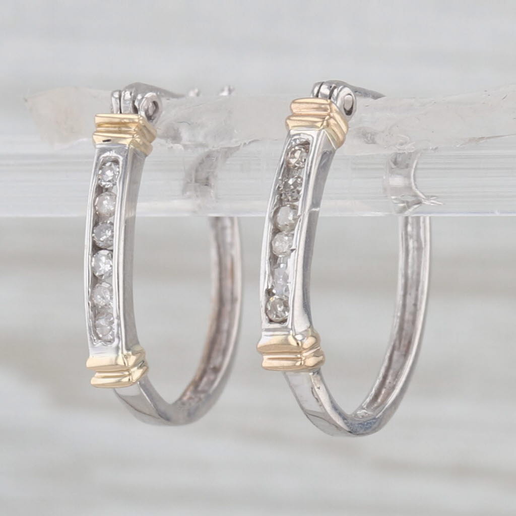 0.10ctw Diamond Hoop Earrings 10k White Yellow Gold Snap Top Round Hoops