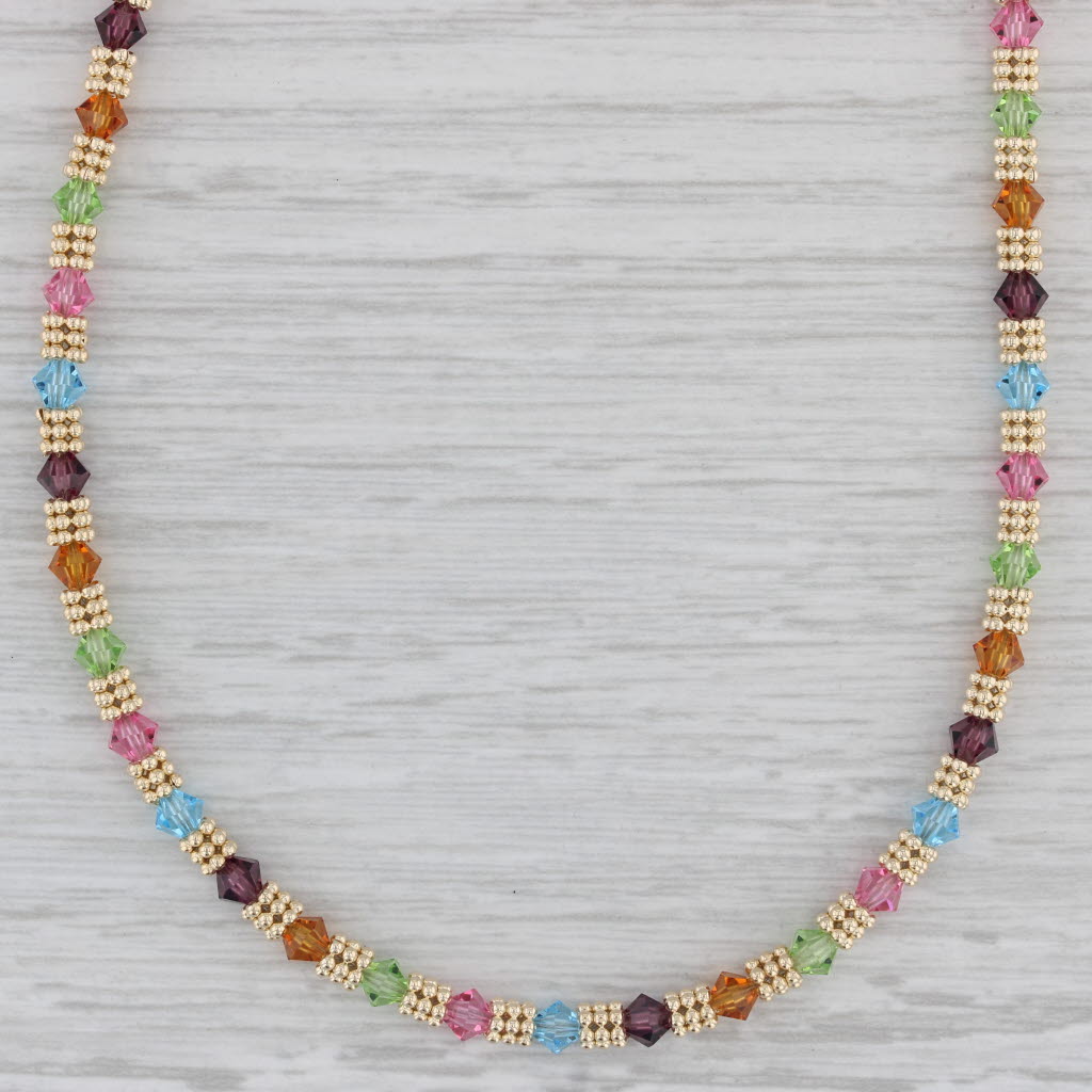 Gray Multicolor Glass Bead Necklace 14k Yellow Gold 15.75" 4mm
