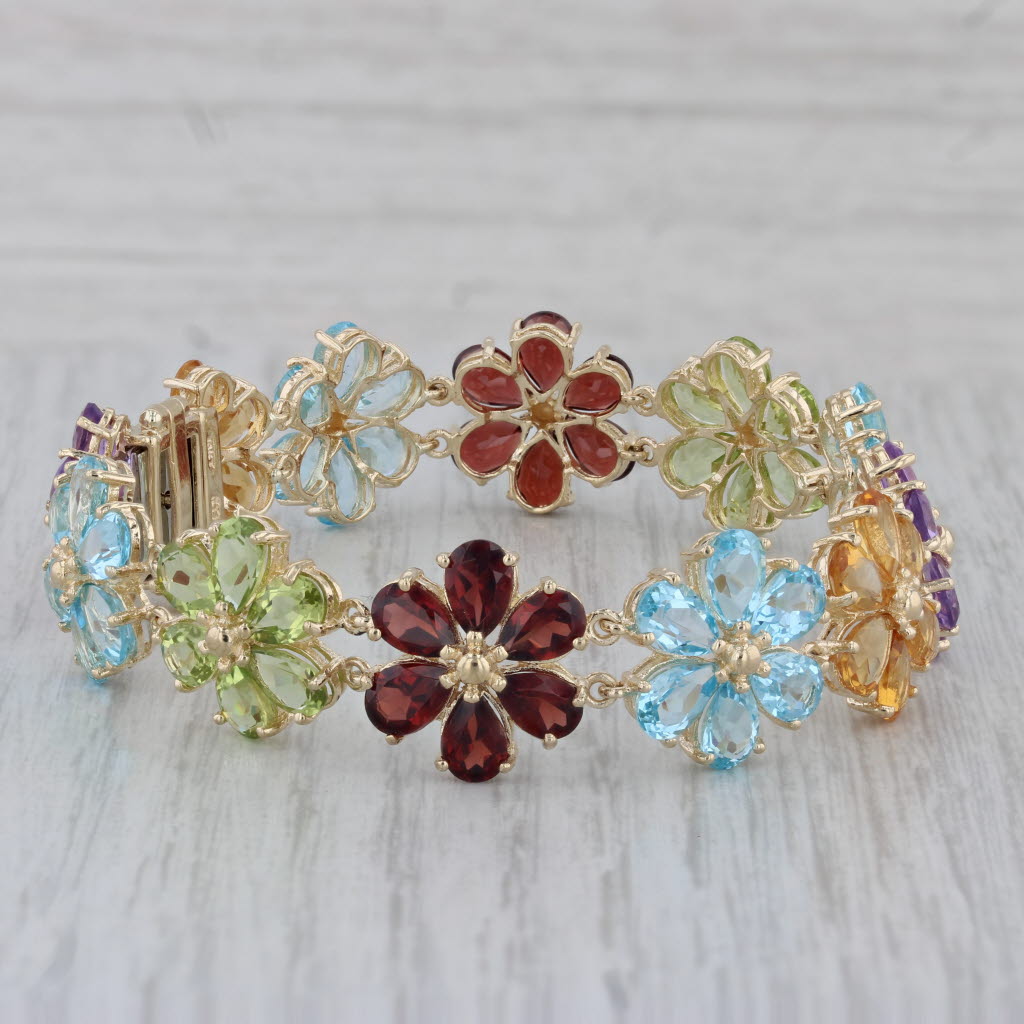 Gray 43.8ctw Gemstone Flower Bracelet 10k Gold 7" Garnet Topaz Peridot Amethyst