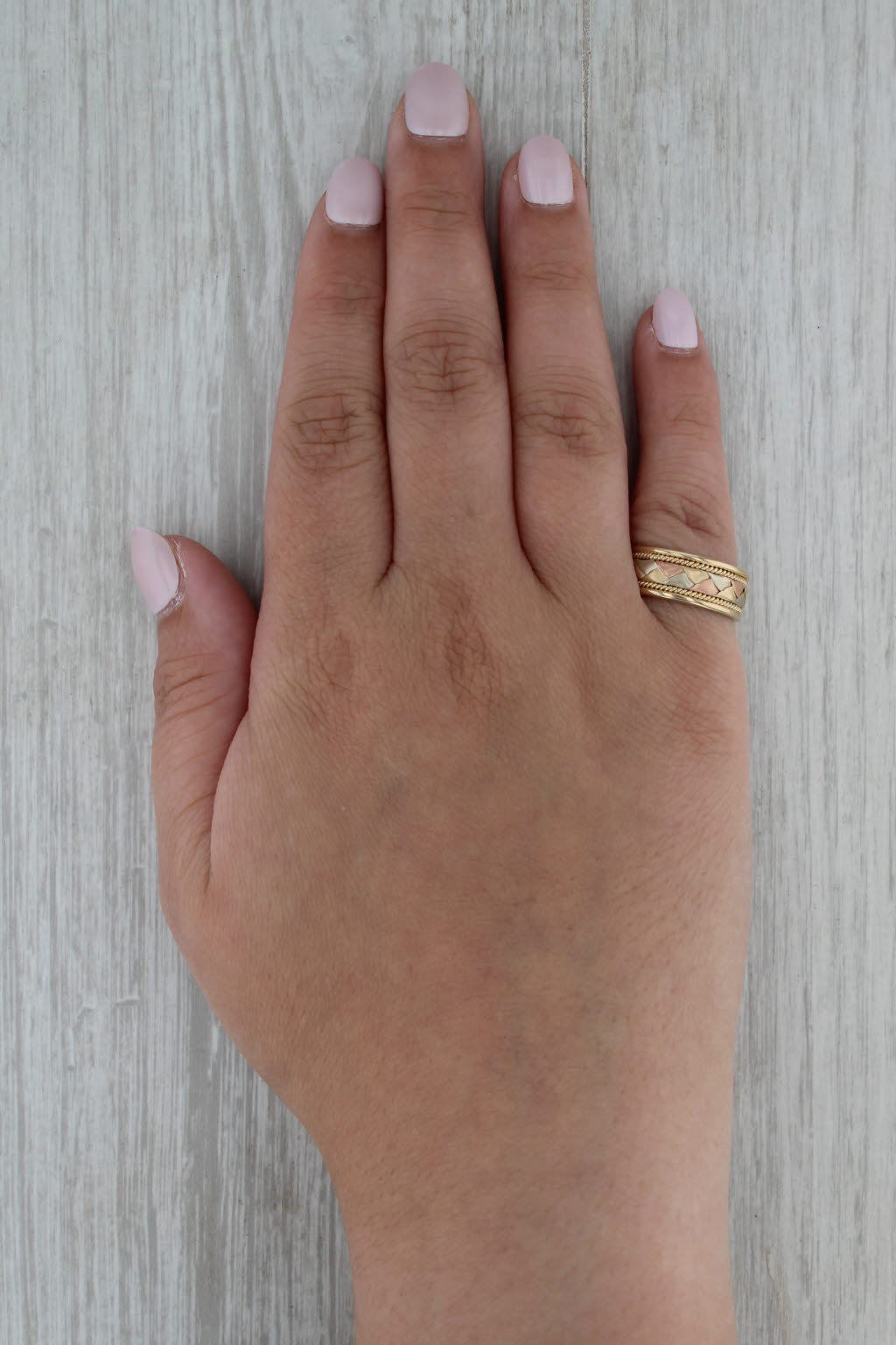Woven Tri-Toned Gold Band 14k Yellow Rose White Gold Wedding Ring Size 6.75