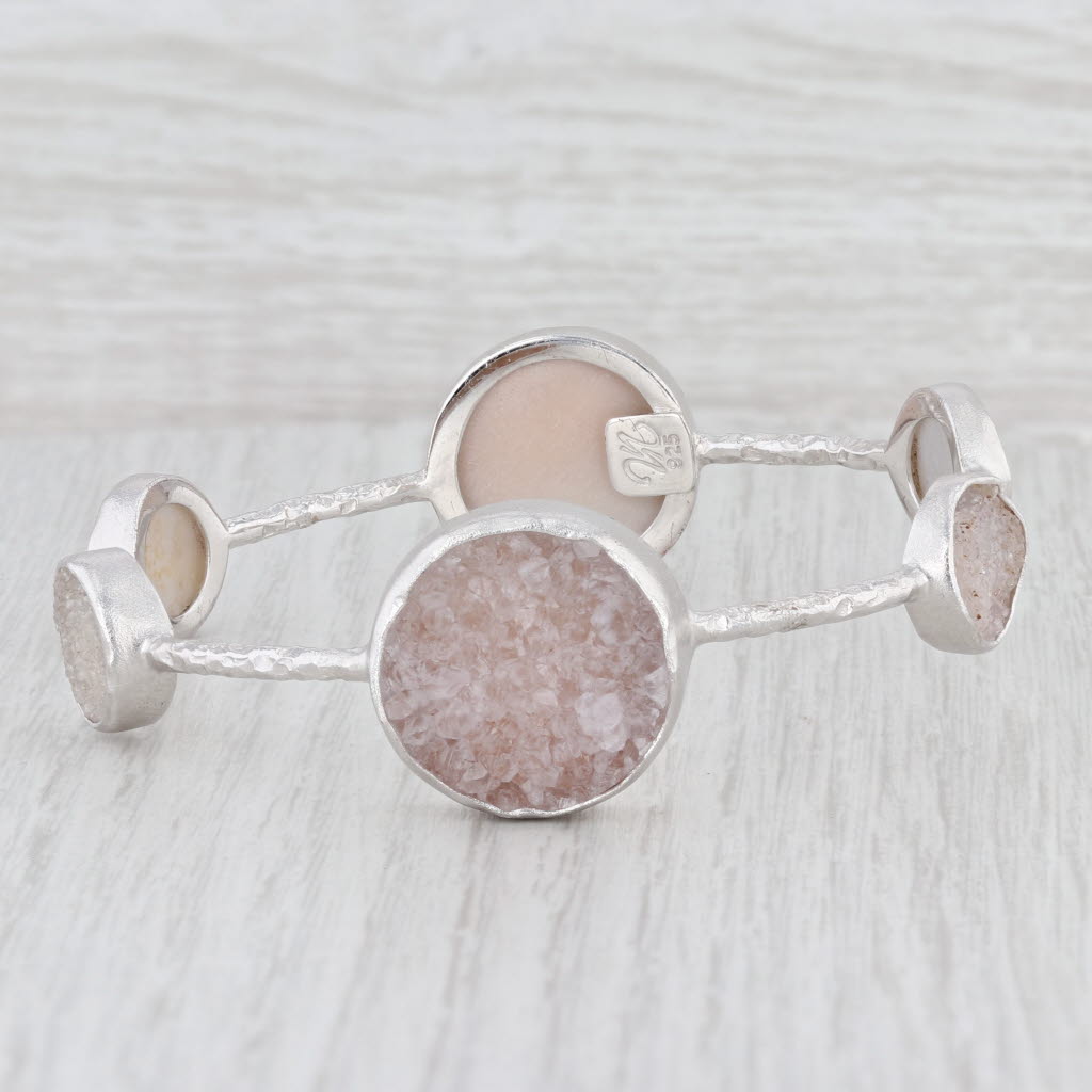 New Nina Wynn Bangle Bracelet Druzy White Sand Quartz Sterling Silver 8"