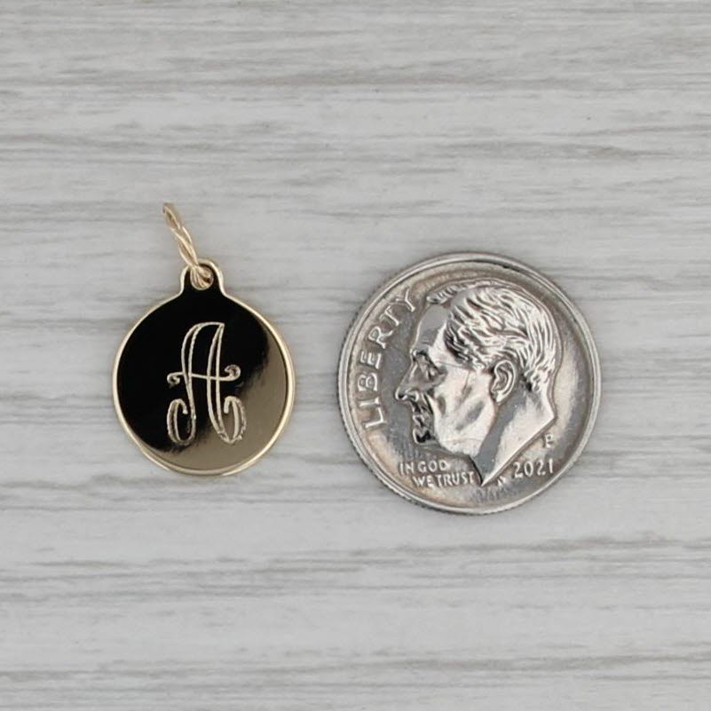 Engraved Letter Initial "A" Pendant 14k Yellow Gold Small Round Charm