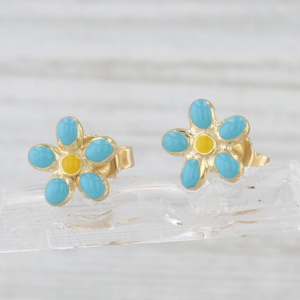 Blue Enamel Flower Stud Earrings 18k Yellow Gold Studs