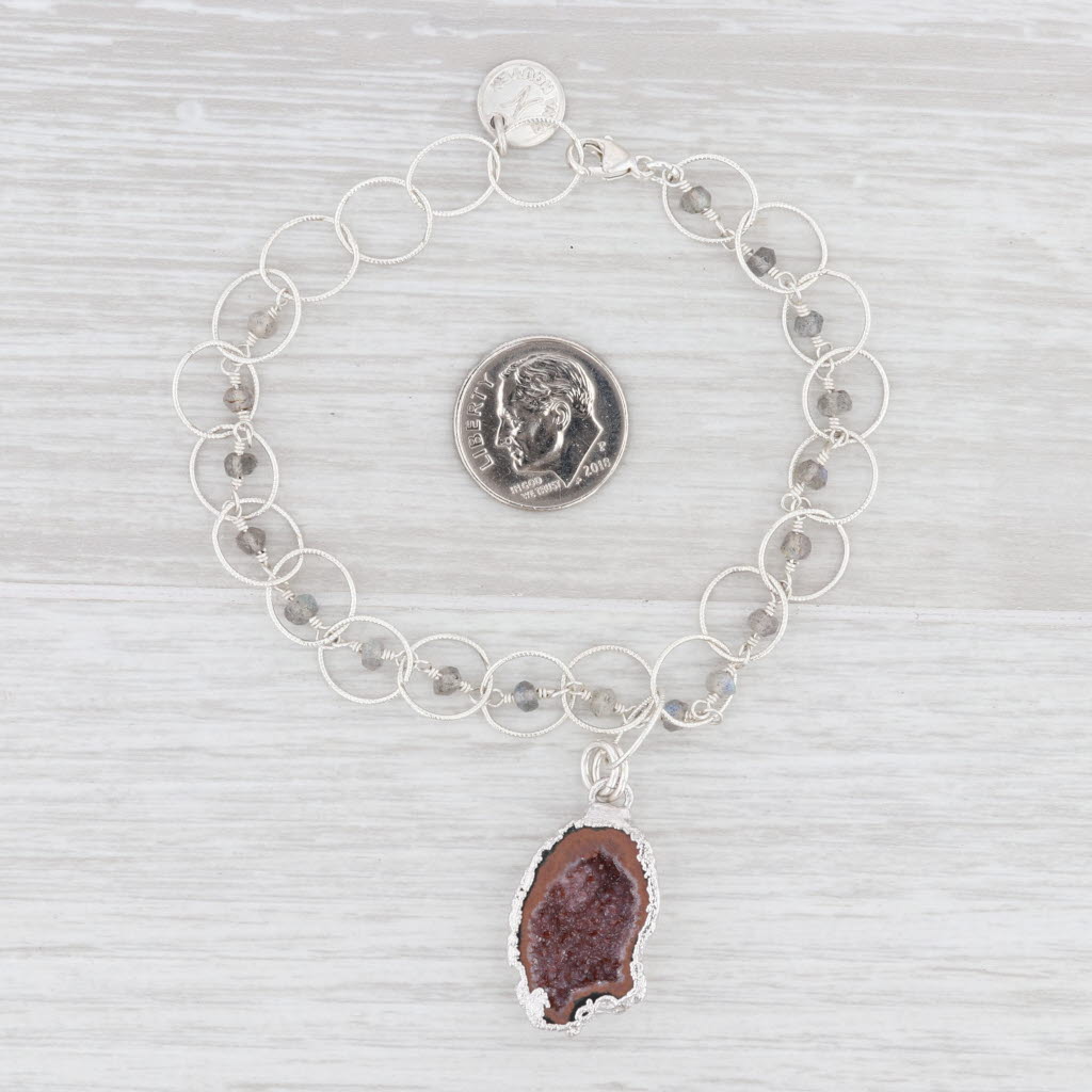 New Nina Wynn Charm Bracelet 7.5" Druzy Geode Quartz Labradorite Bead Sterling