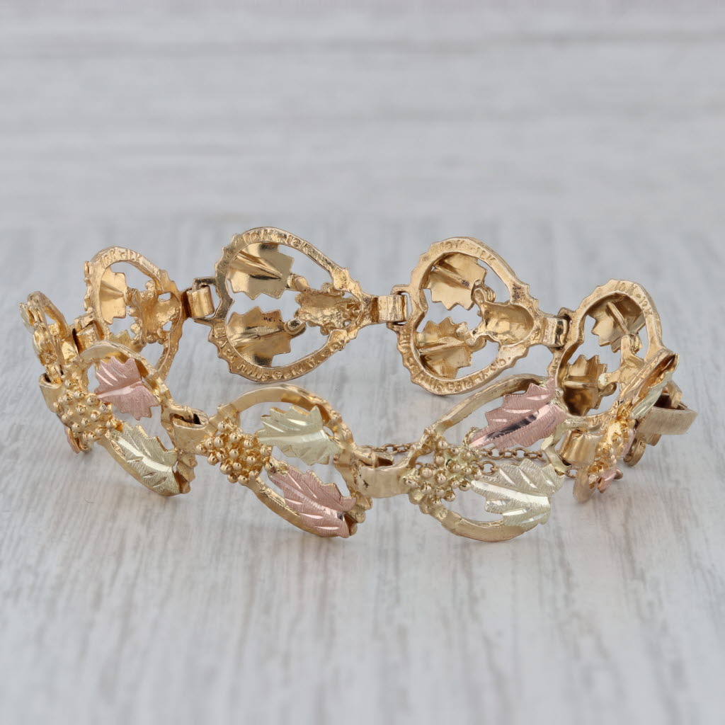 Gray Black Hills Gold Co Floral Heart Chain Bracelet 10k 12 Rose Yellow Green 6.5"