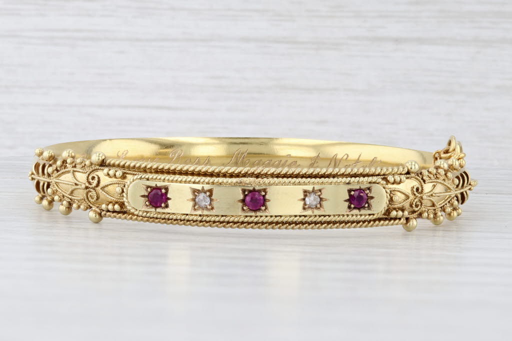 Light Gray Antique Ruby Diamond Ornate Bangle Bracelet 15k Yellow Gold 6.75" Engraved