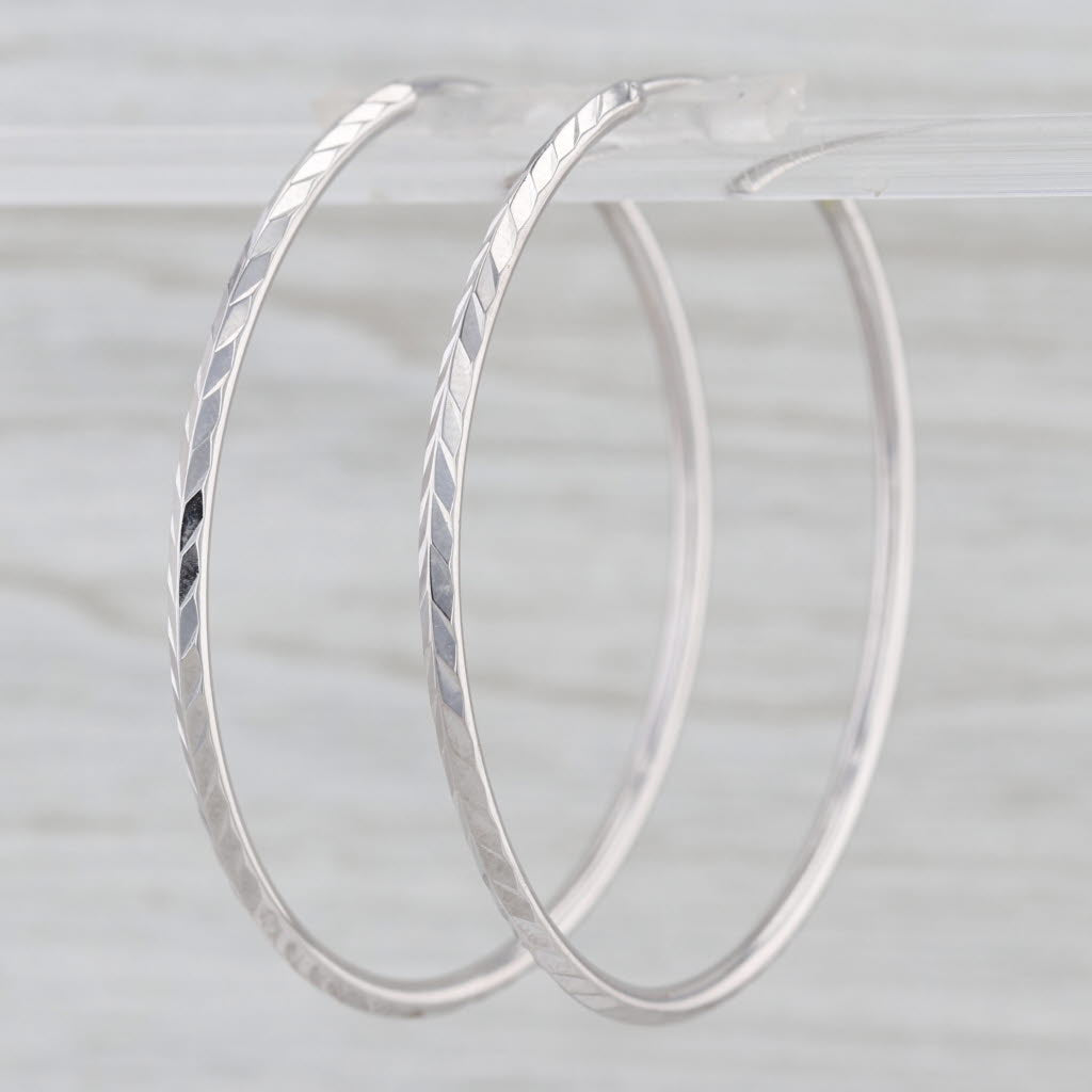 Chevron Pattern Hoop Earrings 14k White Gold 47.2 x 2mm Round Hoops