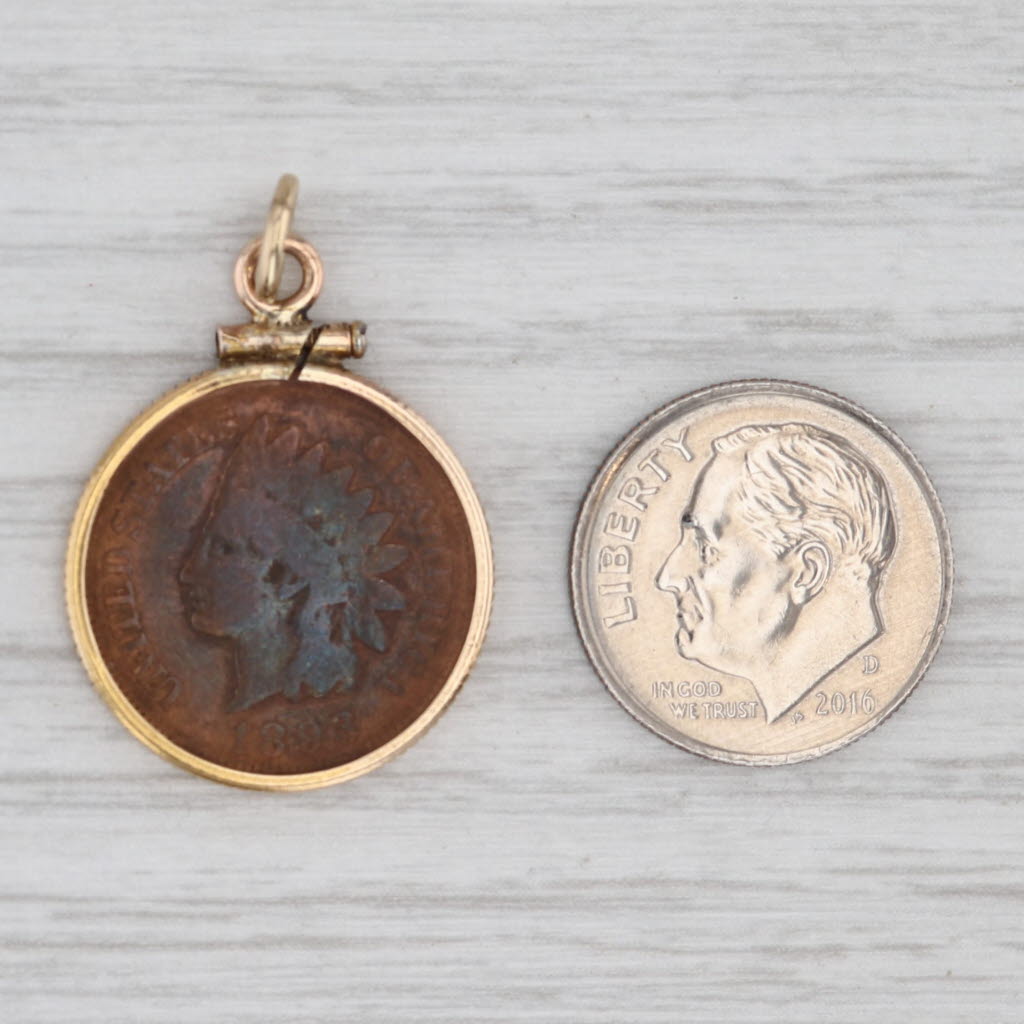 1893 Indian Head Penny Pendant 10k Yellow Gold Copper Bezel Vintage Charm
