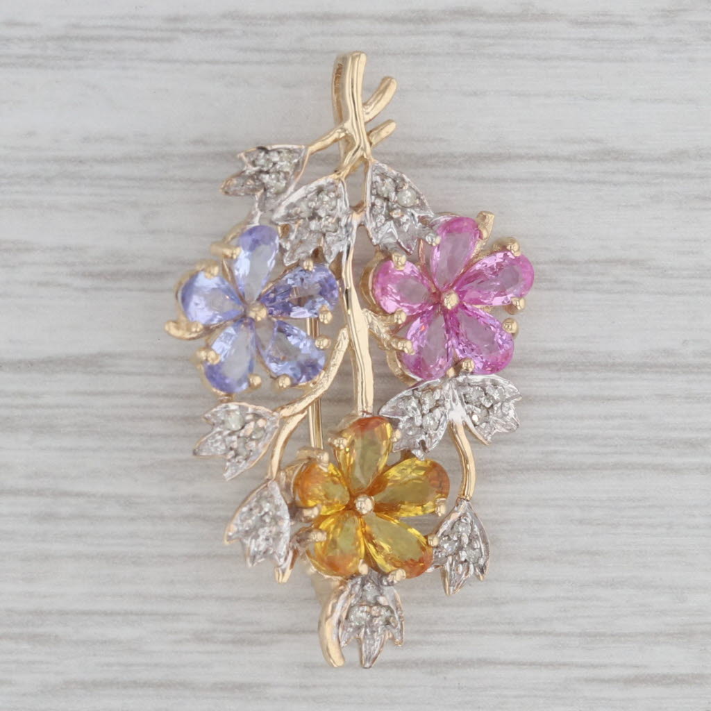Gray 3.31ctw Sapphire Tanzanite Diamond Flower Brooch Pendant 10k Yellow Gold