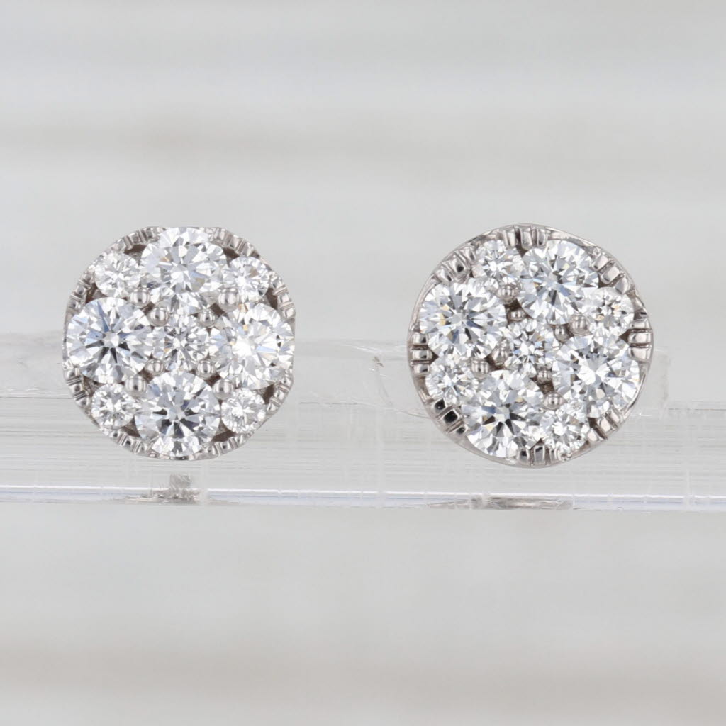 1.14ctw VS2 Diamond Cluster Stud Earrings 14k White Gold Screw Back Studs