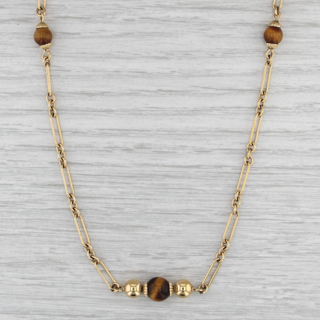 Vintage Tiger's Eye Bead Station Necklace 12k Gold Filled Cable Chain 30.5" BAB