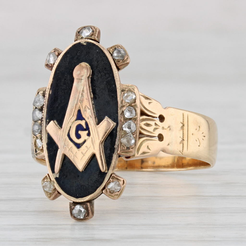 Light Gray Victorian Masonic Ring 14k Gold Diamond Enamel Size 9.5 Square Compass Signet