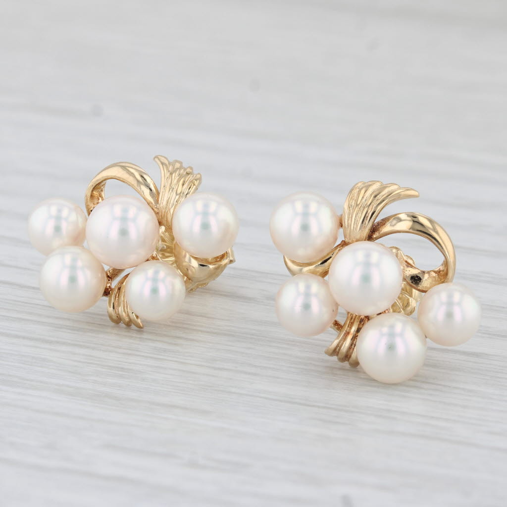 Light Gray Cultured Pearl Cluster Stud Earrings 18k Yellow Gold