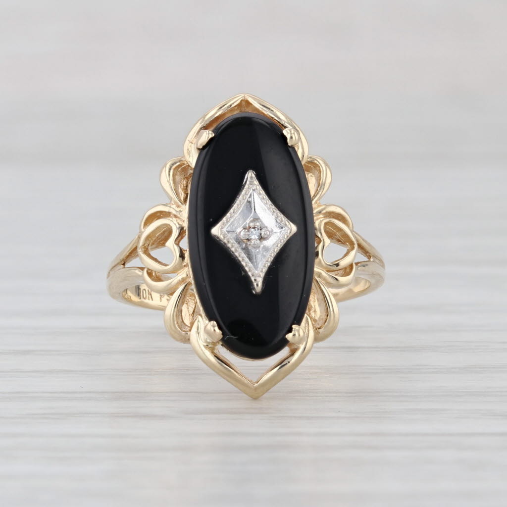 Onyx Diamond Signet Ring 10k Yellow Gold Heart Size 6