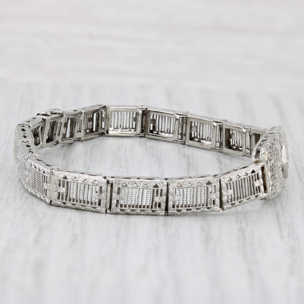 Light Gray Vintage Filigree Diamond Bracelet 10k White Gold 6"