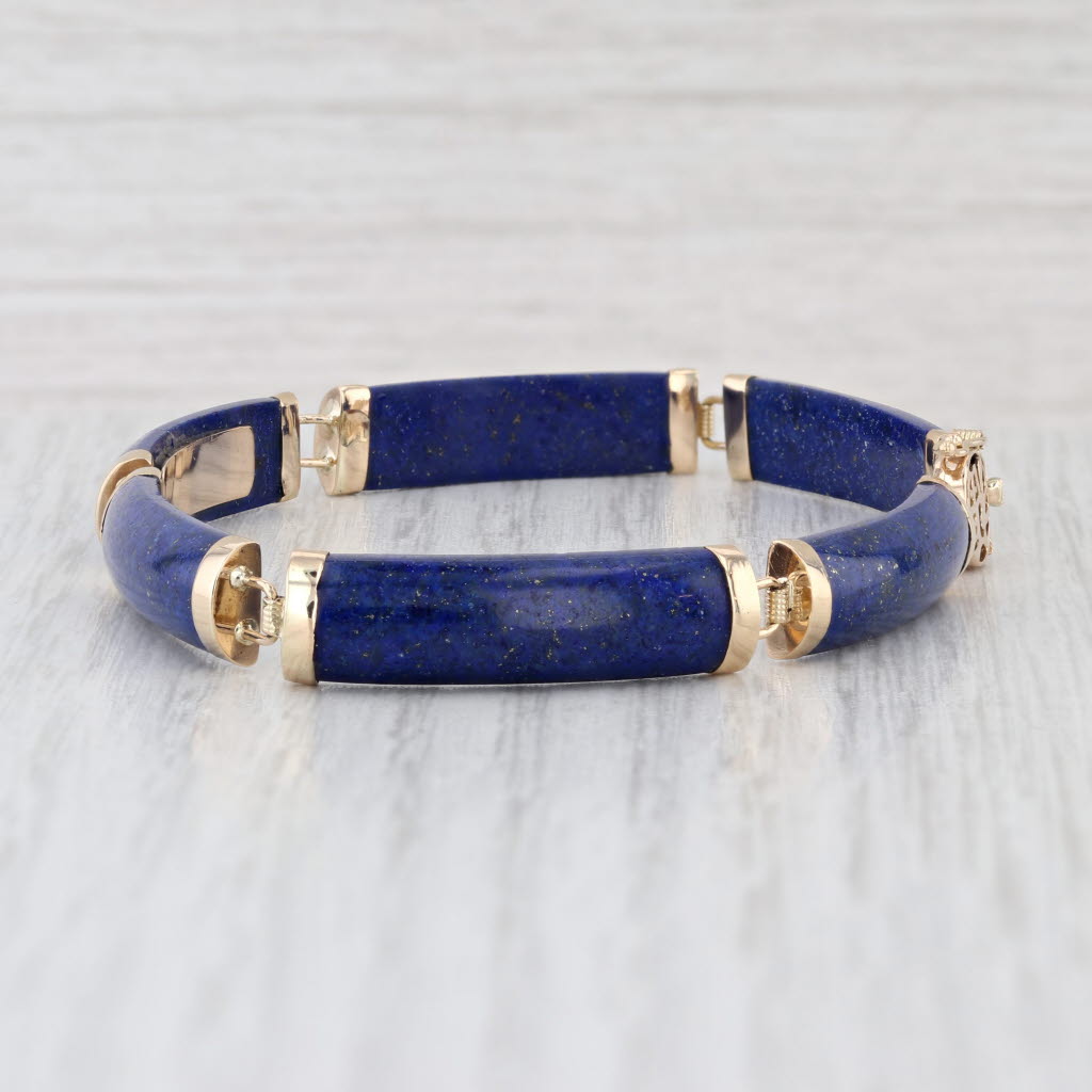 Lapis Lazuli Bar Link Chinese Character for Luck Bracelet 14k Yellow Gold 7.25"
