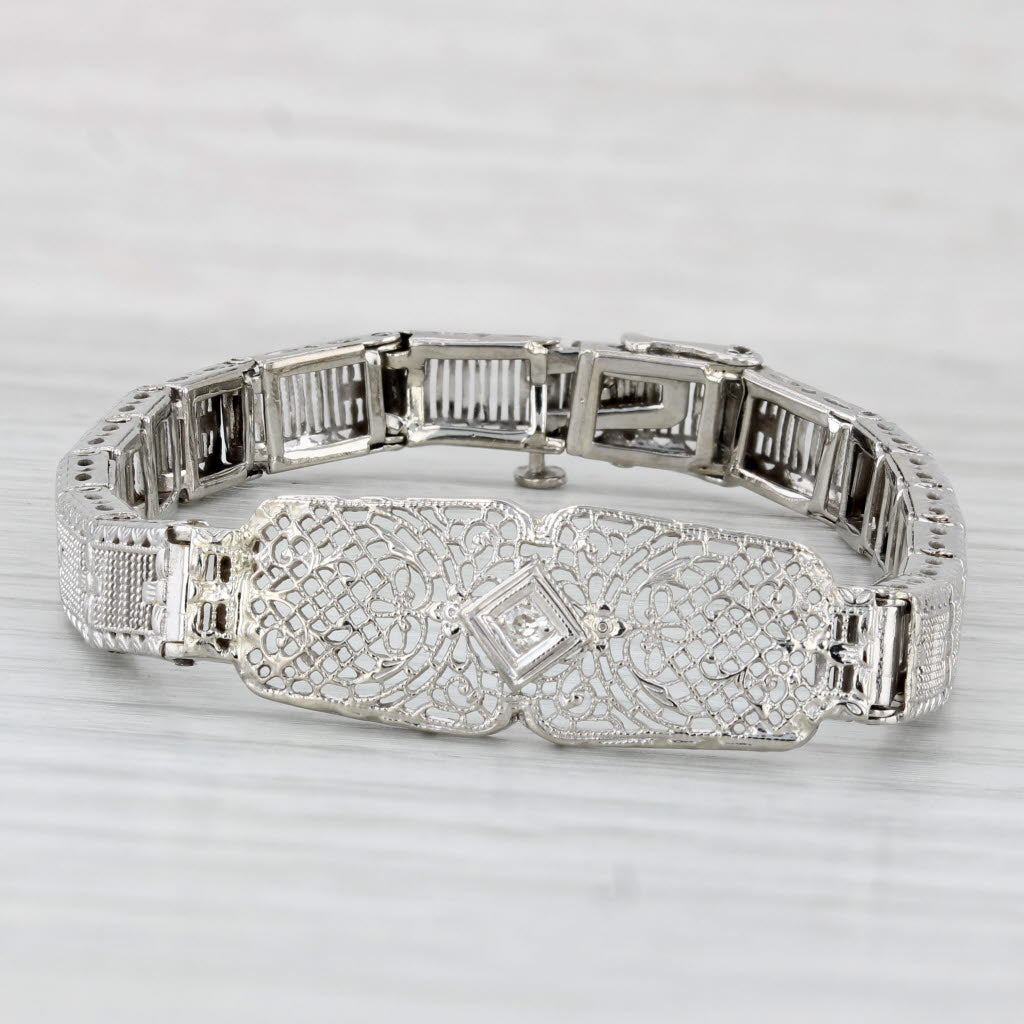 Light Gray Vintage Filigree Diamond Bracelet 10k White Gold 6"