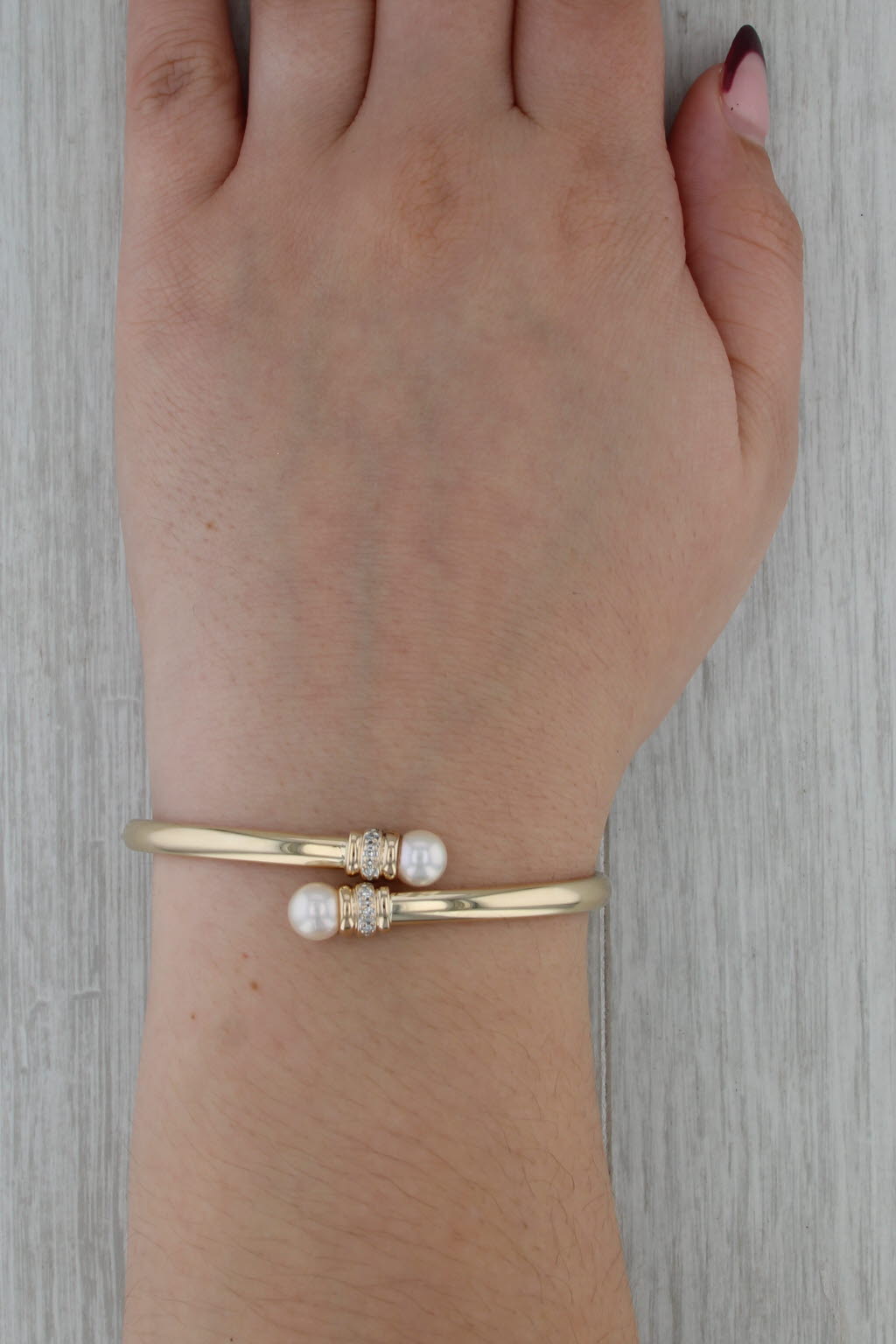Cultured Pearl Diamond Bypass Bangle Bracelet 14k Yellow Gold 6.5"