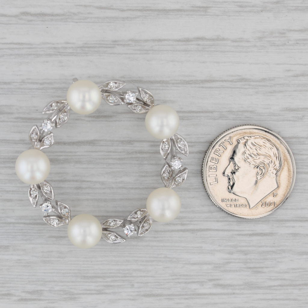 Gray Vintage Cultured Pearl 0.35ctw Diamond Wreath Brooch Pendant 14k White Gold Pin