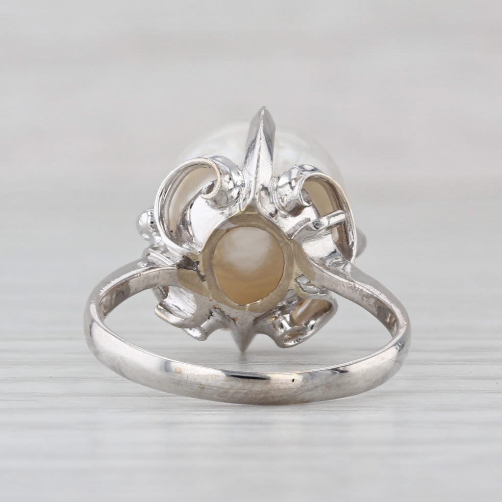 12mm Cultured Pearl Solitaire Ring 14k White Gold Size 6.75 Ornate Setting