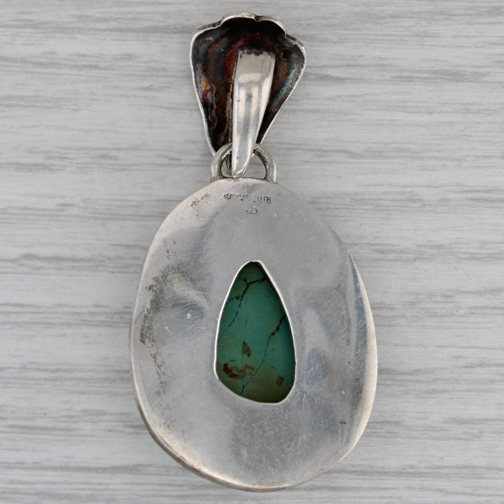 Dark Gray Vintage Turquoise Pear Cabochon Teardrop Statement Pendant Sterling Silver