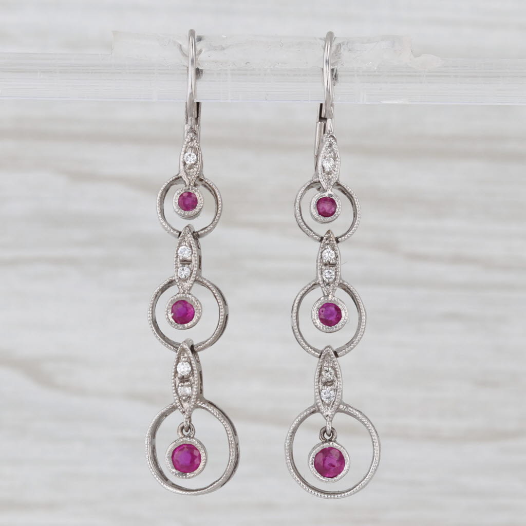 Vintage Ruby Diamond Dangle Earrings 14k White Gold Drops Lever Backs