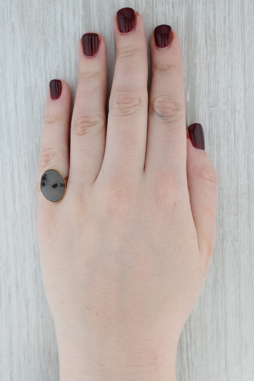 Gray Vintage Dendritic Oval Agate Ring 10k Yellow Gold Size 6.5