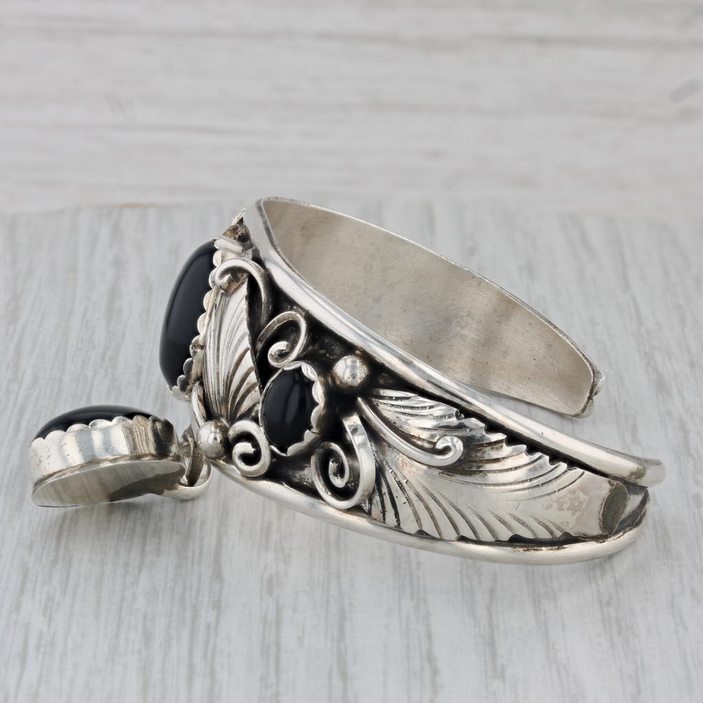 Gray Native American Onyx Cuff Bracelet Charm Sterling Silver 6.25" Herbert Tsosie