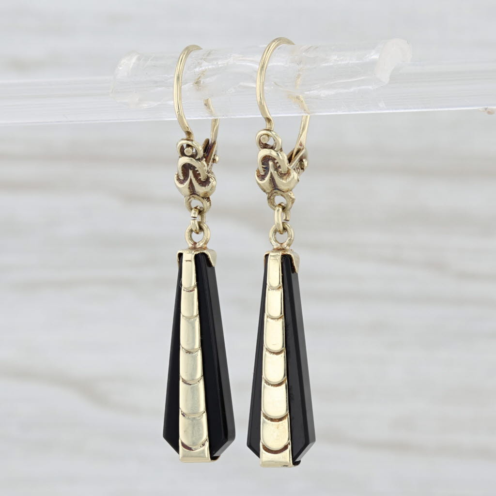 Antique Beveled Onyx Dangle Earrings 14k Yellow Gold Hook Posts