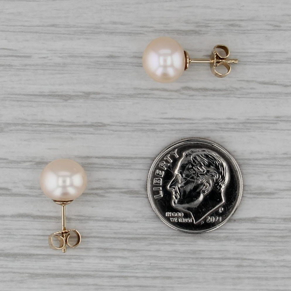 Pink Cultured Pearl Solitaire Stud Earrings 14k Yellow Gold Round Studs