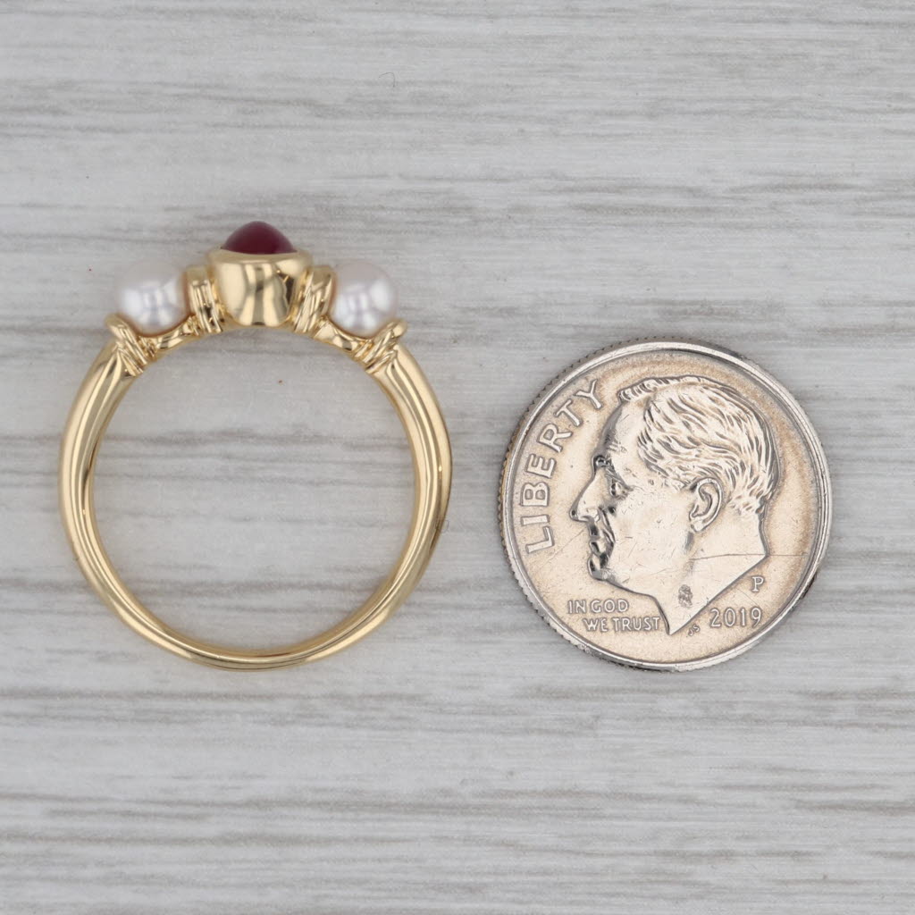 Gray Ruby Cabochon Cultured Pearl Ring 18k Yellow Gold Size 6.5