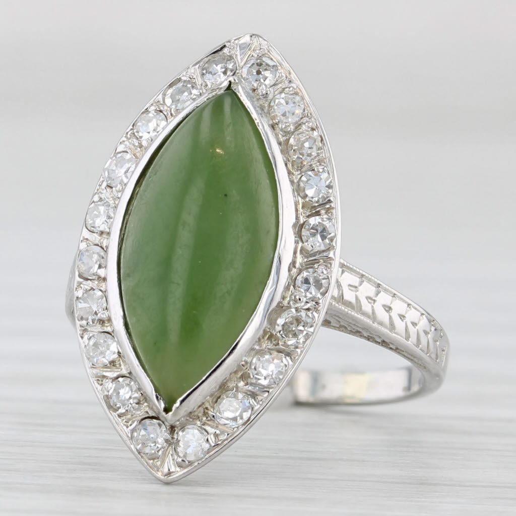 Light Gray Nephrite Navette Cabochon 0.27ctw Diamond Halo Ring 18k White Gold Size 4.5