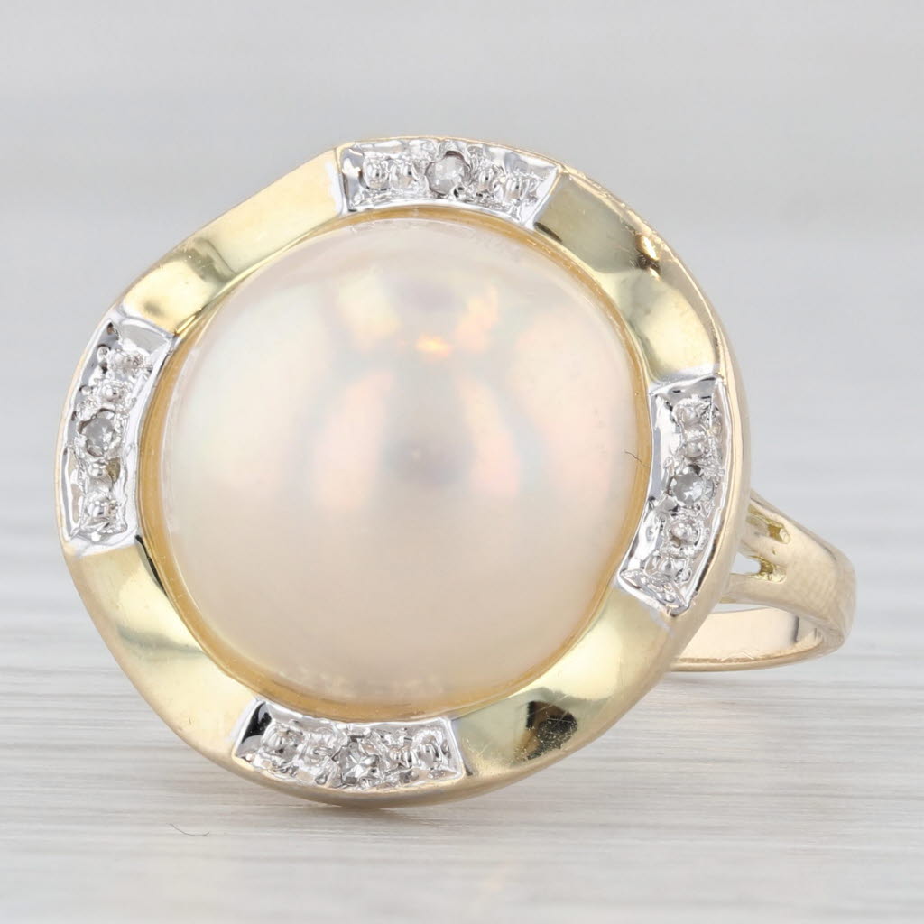 Light Gray Mabe Pearl Diamond Ring 14k Yellow Gold Size 6.5