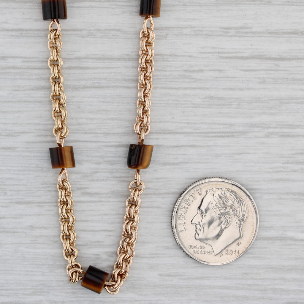 Gray Vintage Tiger's Eye Bead Cable Chain Necklace 14k Yellow Gold 30.5" Long