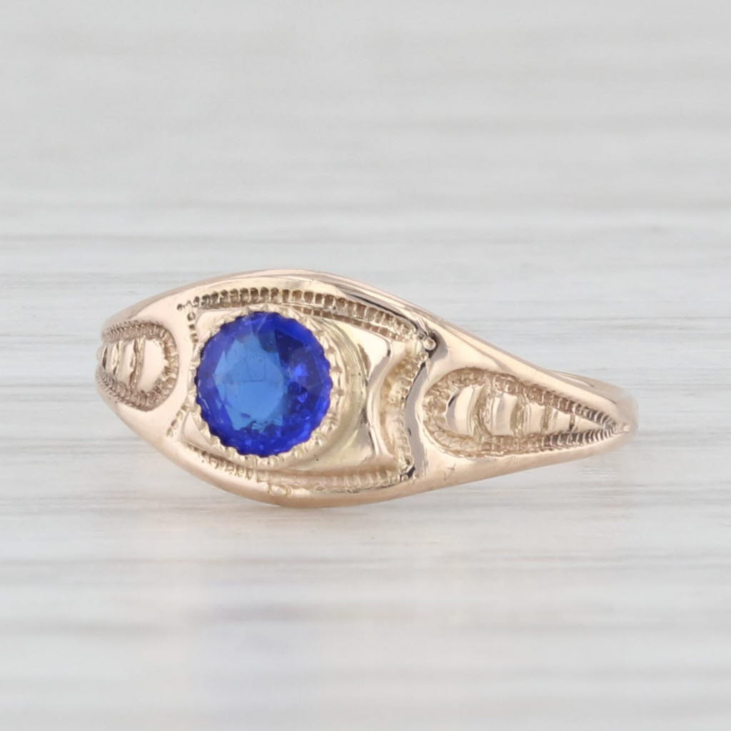 Light Gray Antique Blue Glass Baby Ring 10k Yellow Gold Small Size