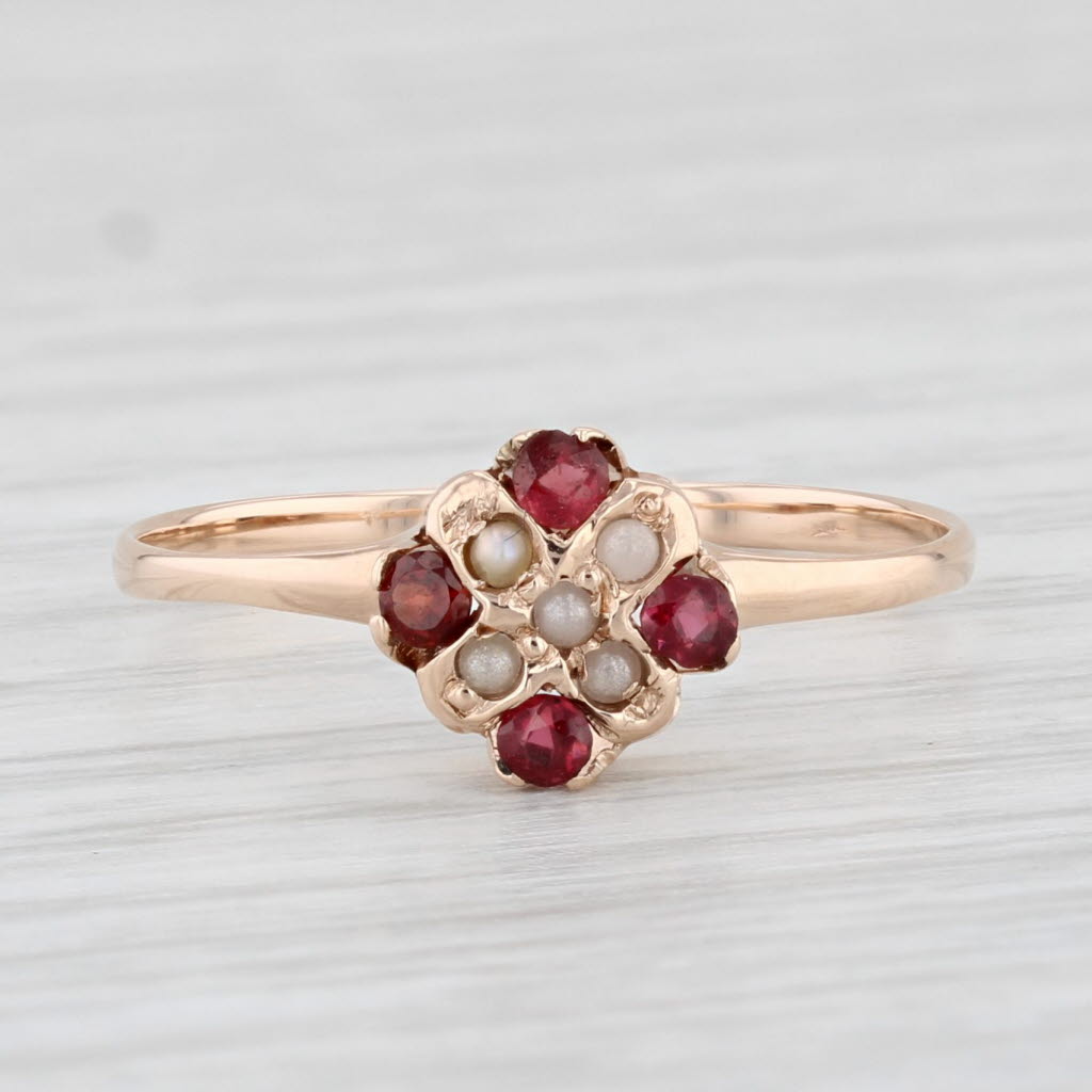 Light Gray Victorian Garnet Imitation Pearl Ring 10k Yellow Gold Size 7 Antique