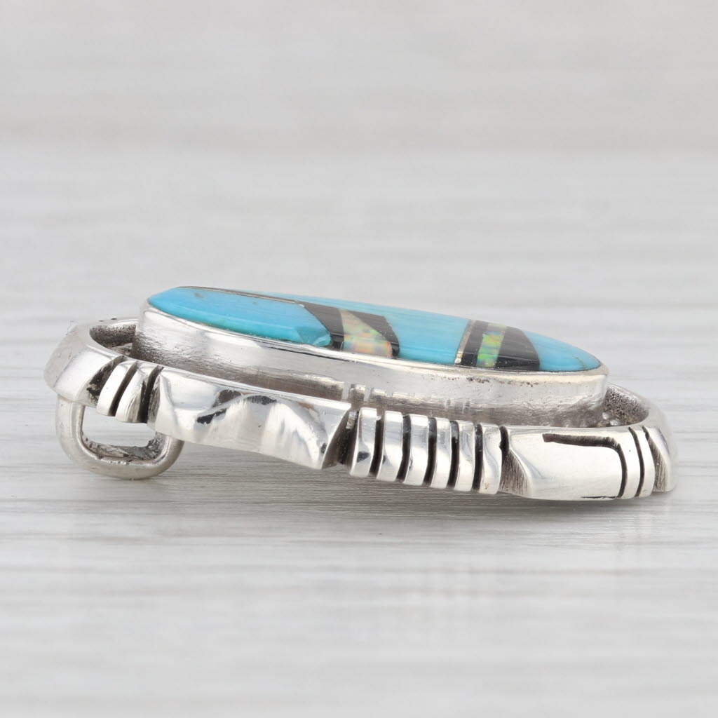 Light Gray Native American Turquoise Lab Created Opal Onyx Pendant Sterling Silver Vintage