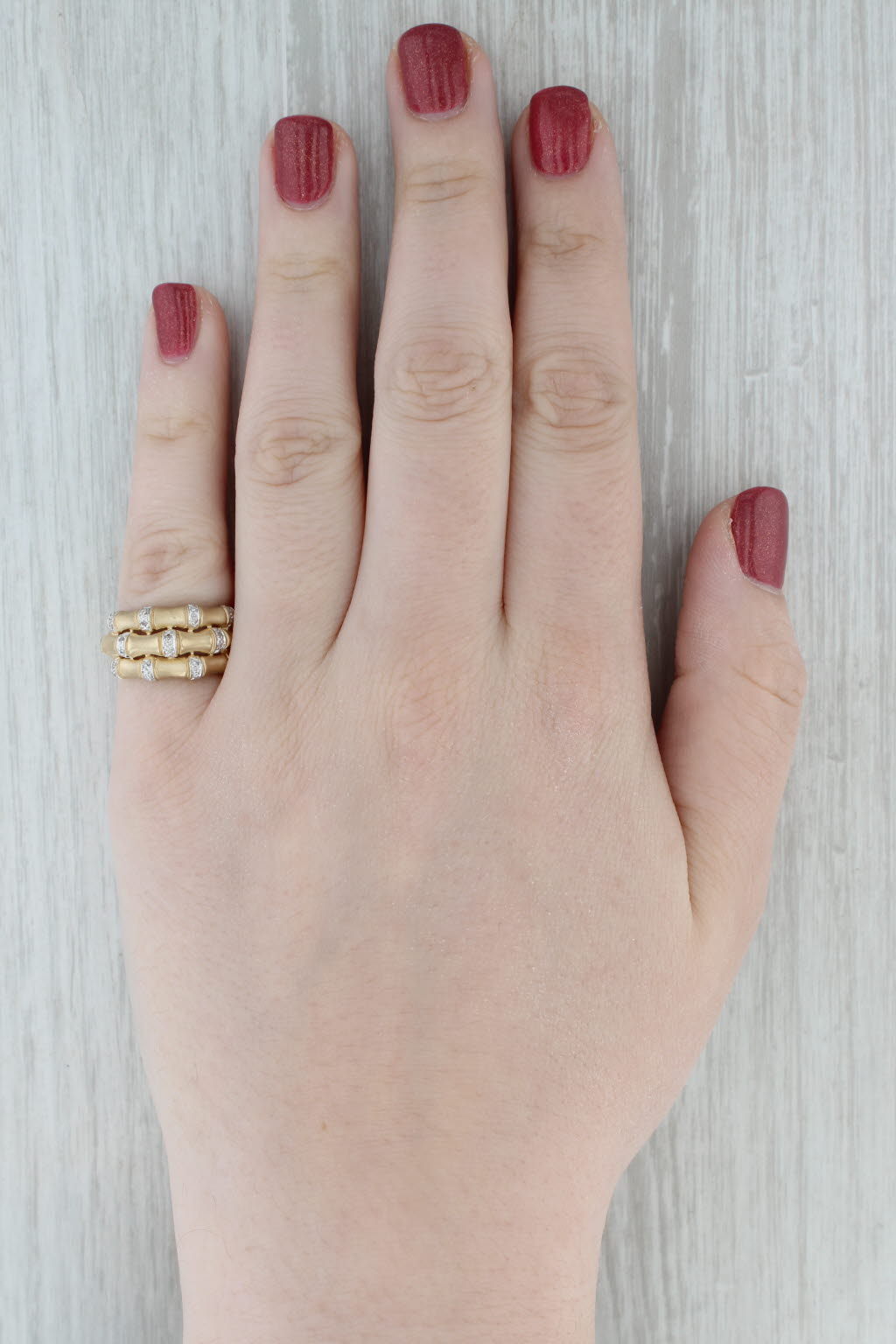 Gray Layered Stacked Band 0.10ctw Diamond Bamboo Ring 14k Yellow Gold Size 5.75