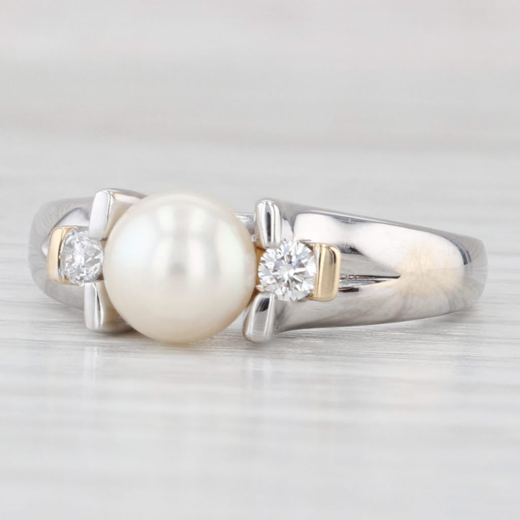 Light Gray Cultured Pearl Diamond Ring 14k White Yellow Gold Size 7.25