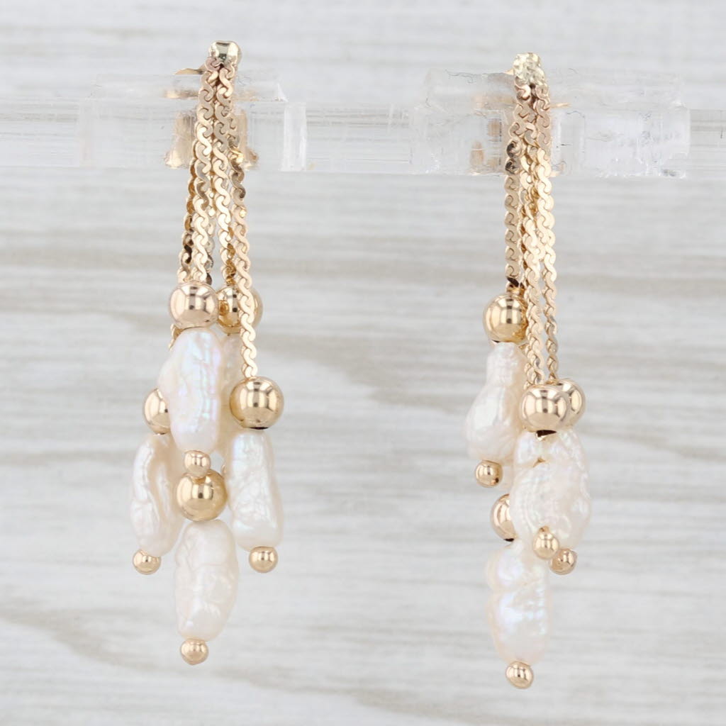 Light Gray Freshwater Cultured Rice Crispie Pearl Fringe Dangle Earrings 14k Yellow Gold