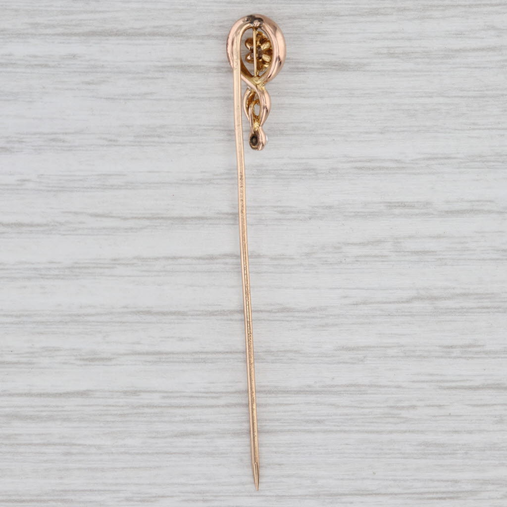 Light Gray Antique Diamond Seed Pearl Stickpin 10k Yellow Gold Pin
