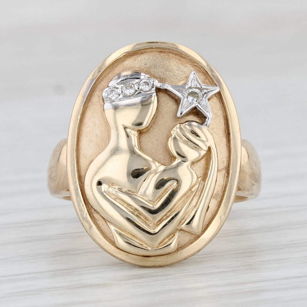 Light Gray Diamond Mother & Child Star Signet Ring 14k Yellow Gold Size 6.75