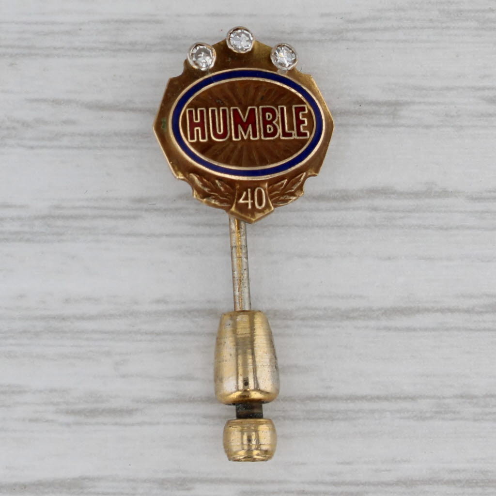 Gray Humble Oil 40 Years Company Service Stickpin 10k Gold Diamond Enamel Vintage